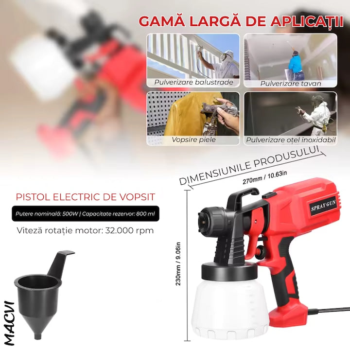 Pistol vopsit electric Macvi® 500W rezervor 800ml, rosu, viteza reglabila 32000rpm, 3 moduri de pulverizare, pulverizare fina, duze interschimbabile pentru interior tavan gard lac lemn metal