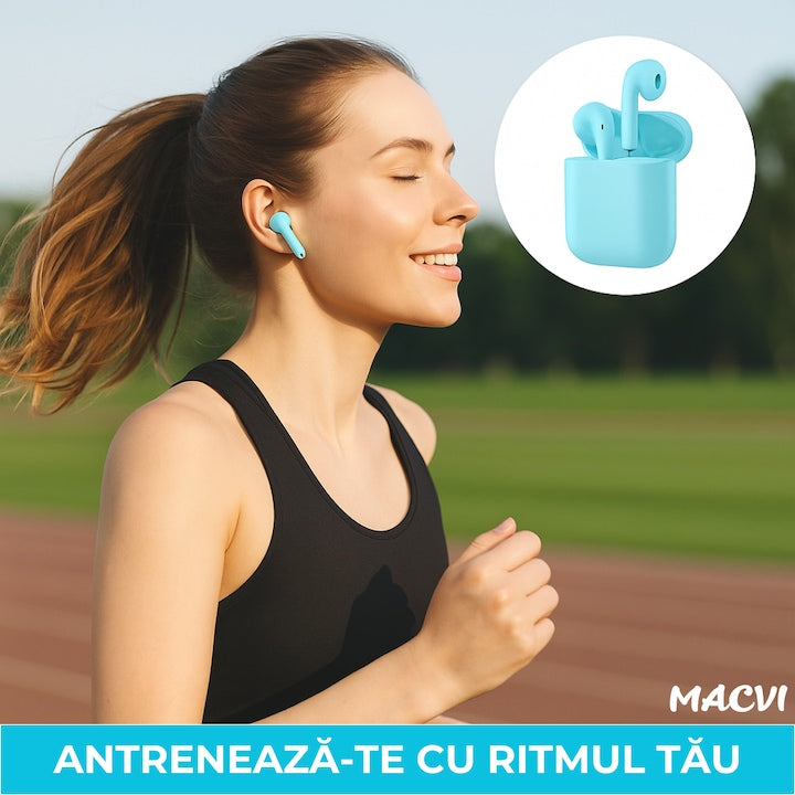 Casti wireless Macvi® Freepods i18, Bluetooth 5.0, Touch Control, HiFi Sound, albastru
