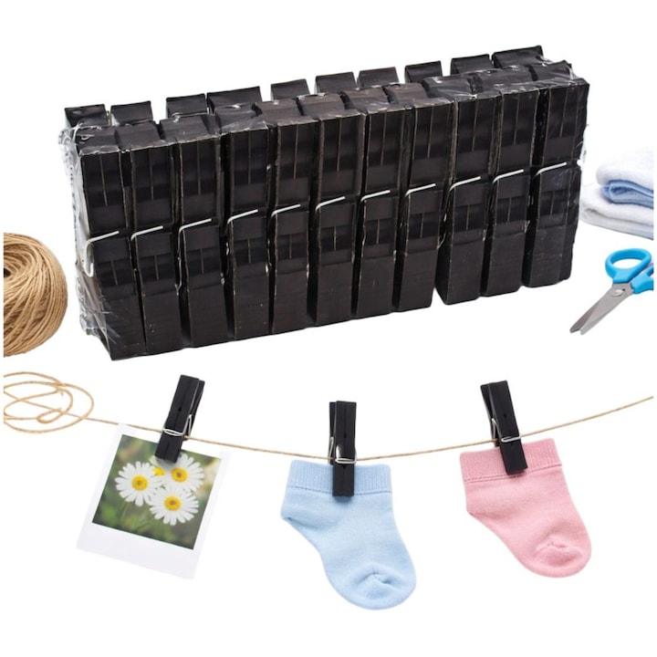 Carlige rufe Macvi® set 24 buc clesti plastic negri rezistenti pentru uscator balcon sfoara haine prindere puternica