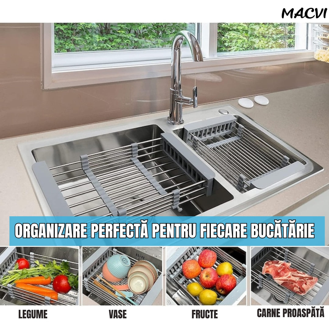 Cos de scurgere pentru chiuveta mica Macvi®, inox si plastic alimentar, 46x22 cm, extensibil, pentru legume, fructe si vase