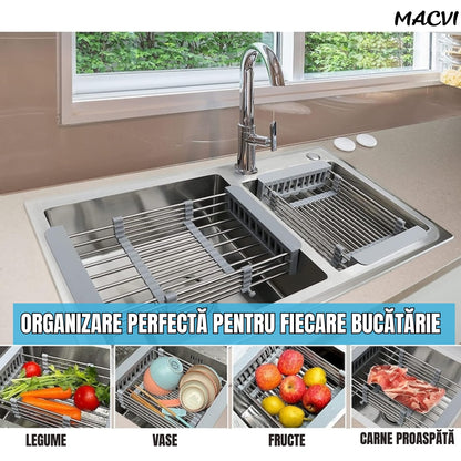Cos de scurgere pentru chiuveta mica Macvi®, inox si plastic alimentar, 46x22 cm, extensibil, pentru legume, fructe si vase
