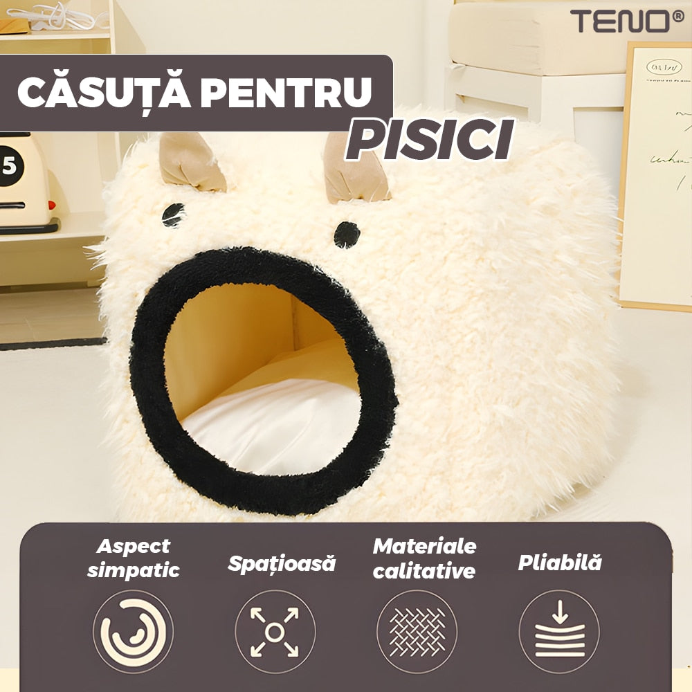 Casuta pliabila pentru Pisici, Teno, pernuta inclusa, baza anti-alunecare, bej, 35x35cm
