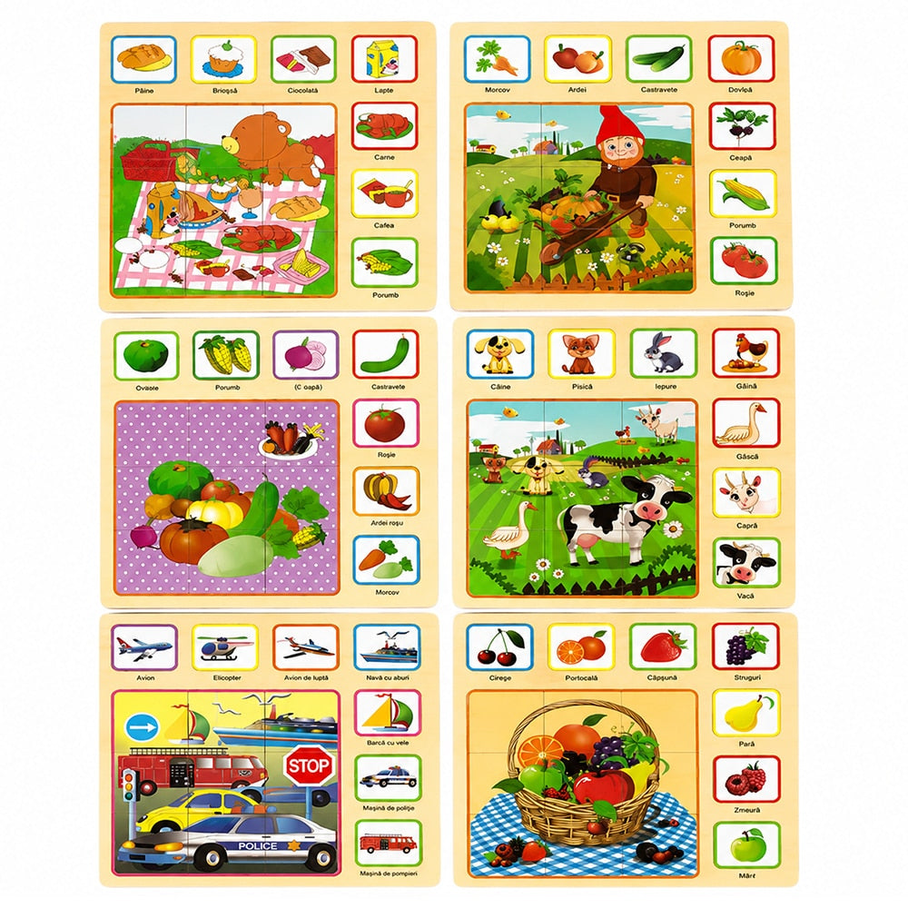 Set 6 Tablite Educationale Montessori Teno®, puzzle inteligent, diverse teme, din lemn, culori vibrante, dezvoltare cognitiva/inteligenta, multicolor