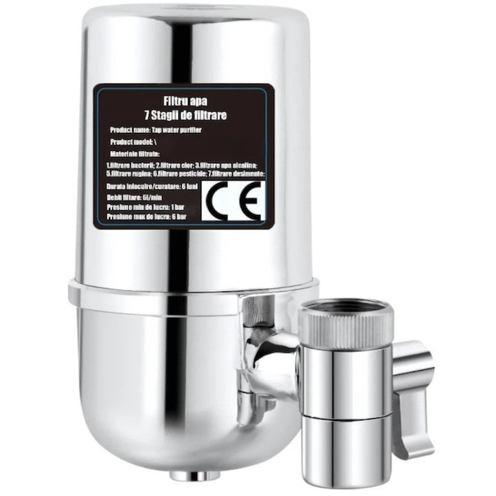 Filtru Apa Macvi® pentru Robinet, Capacitate 50.000L, 7 Etape Filtrare, Cartus Reutilizabil, Elimina Impuritati, Clor si Metale Grele, Montaj Rapid, Argintiu