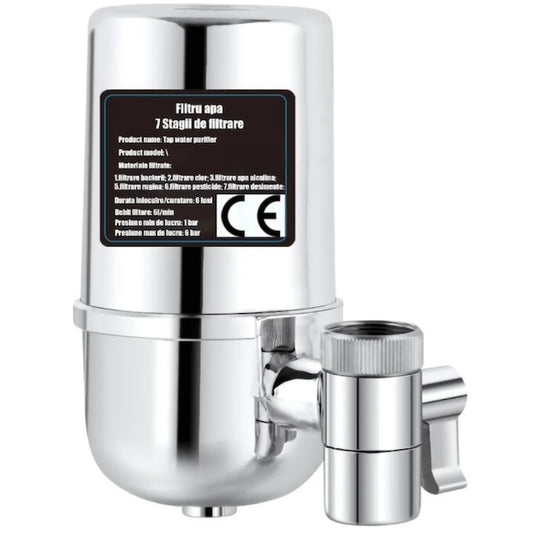 Filtru Apa Macvi® pentru Robinet, Capacitate 50.000L, 7 Etape Filtrare, Cartus Reutilizabil, Elimina Impuritati, Clor si Metale Grele, Montaj Rapid, Argintiu