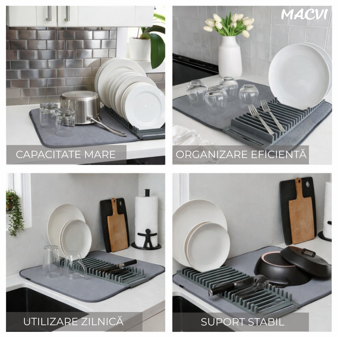 Suport vase Macvi® uscator vase pliabil 58x45.5, covoras absorbant material textil si suport siliconic organizator chiuveta bucatarie design compact respirabil banda elastica stabilitate mare, modern