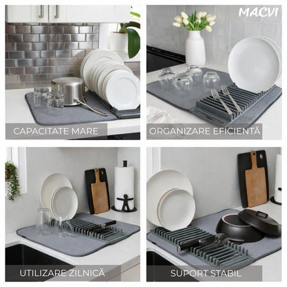 Suport vase Macvi® uscator vase pliabil 58x45.5, covoras absorbant material textil si suport siliconic organizator chiuveta bucatarie design compact respirabil banda elastica stabilitate mare, modern