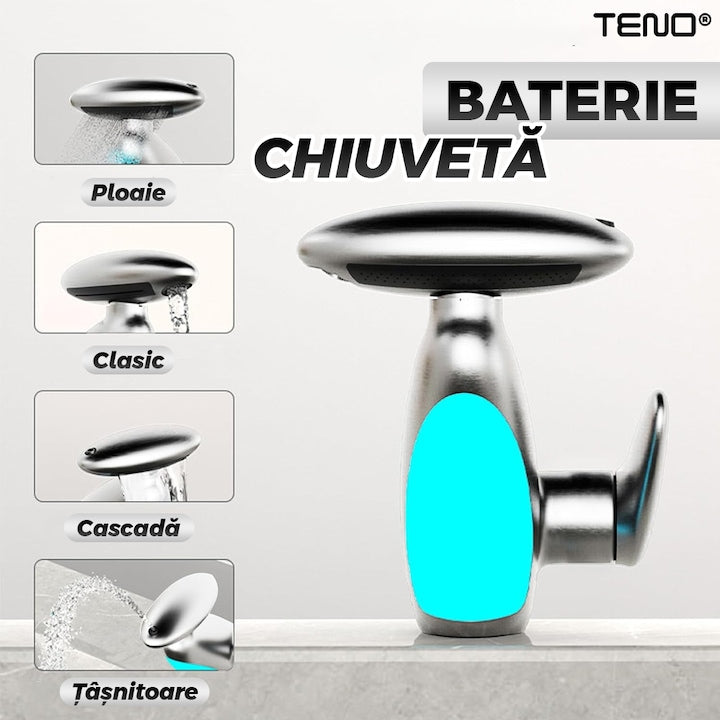 Baterie chiuveta Teno, cap retractabil, iluminare LED, crom/gri