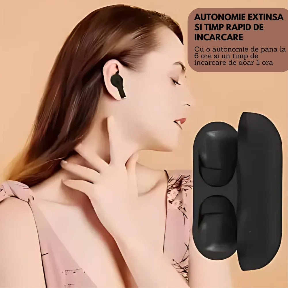 Casti wireless Air Pro 3 Macvi®, compatibile Android/iPhone, HD audio/ voce, dual HD true stereo, performanta, confort, cutie de incarcare portabila, autonomie 24 h, control tactil inteligent, Negru