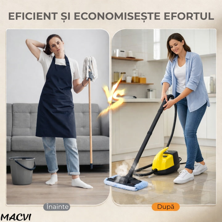 Aparat curatare Macvi® cu abur profesional pentru pardoseli si suprafete multiple, rezervor capacitate mare, incalzire rapida, reglare intensitate abur, accesorii complete, curatare eficienta