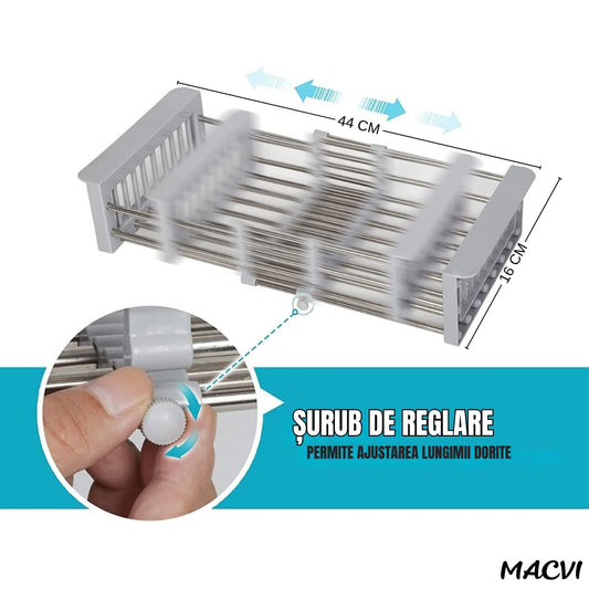 Cos de scurgere pentru chiuveta mica Macvi®, inox si plastic alimentar, 46x16 cm, extensibil, pentru legume, fructe si vase