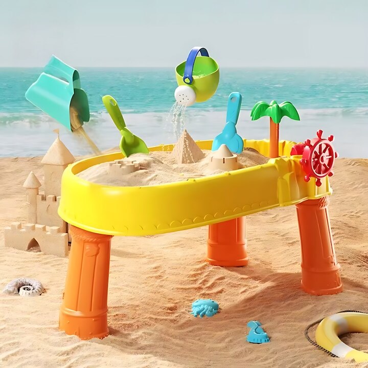 Masa de apa 2 in 1 Macvi® pentru copii, cu 8 accesorii interactive, multicolor, recomandata 3 ani+