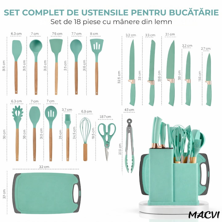 Set ustensile Macvi® bucatarie silicon premium 19 piese cu suport organizare cutite tocator linguri spatule fara BPA rezistente la temperaturi ridicate verde menta