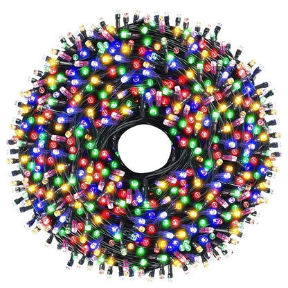 Instalatie de Craciun Liniara Teno®, 15 m, 8 jocuri de lumini, alimentare la priza, interior/exterior, rezistenta la apa, 200 LED-uri, multicolor
