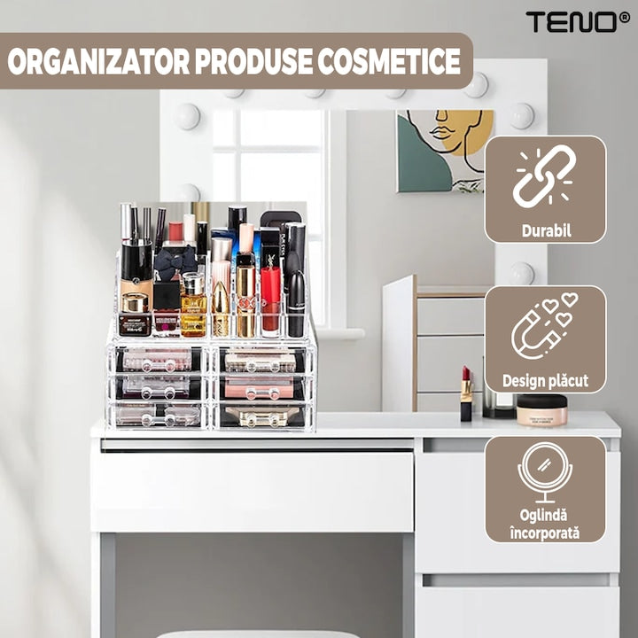 Organizator Cutie Depozitare pentru Produse Cosmetice Teno®, bijuterii si alte obiecte, 6 sertare, piese detasabile, transparent, 24 x 19 cm