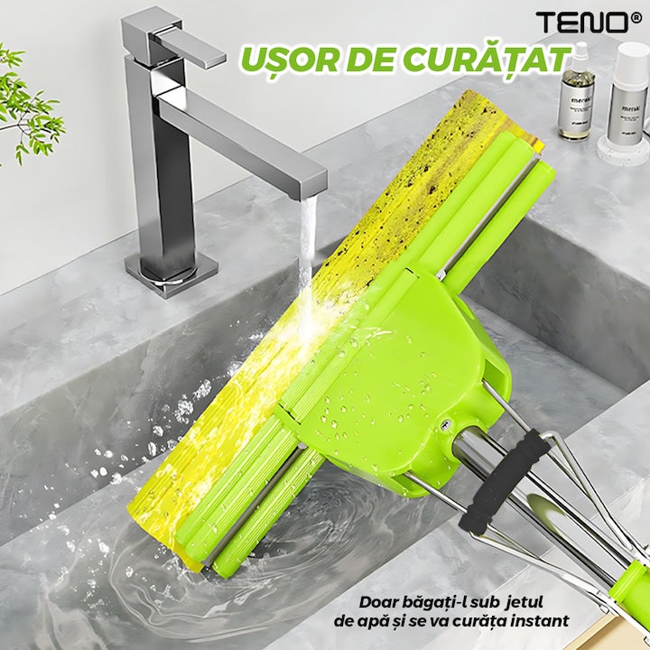 Mop cu PVA Teno®, sistem de stoarcere integrat, coada telescopica, laveta rezistenta, curatare usoara, absorbtie eficienta, captare a prafului, 120 cm, galben/verde