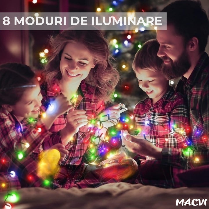 Instalatie luminoasa Macvi® 100 LED-uri, 10 metri, pentru decor de Craciun, rezistenta si economica