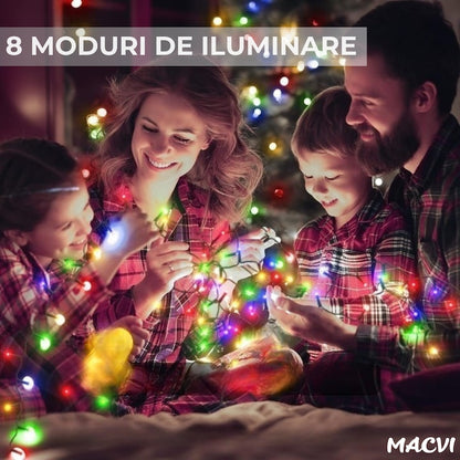 Instalatie luminoasa Macvi® 100 LED-uri, 10 metri, pentru decor de Craciun, rezistenta si economica
