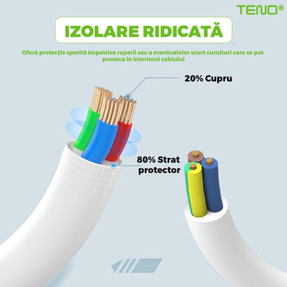 Prelungitor Teno®, 5 prize, 3 porturi USB, intrerupator, suport de agatare incorporat, rezistent la temperaturi inalte, universal, lungime 3 metri, alb