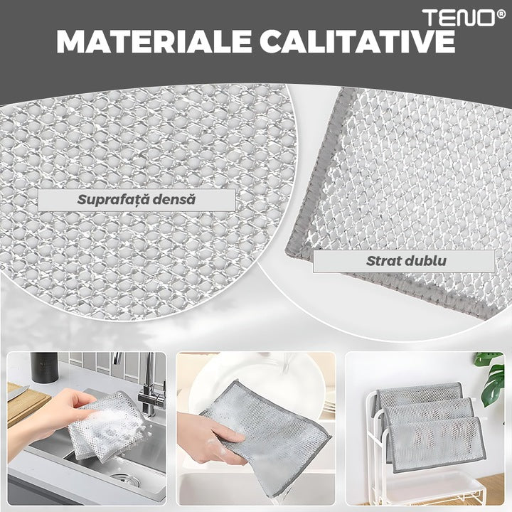 Set 5 Lavete Abrazive Teno®, tesatura cu sarma de otel, dublu strat, anti-aderente, curatare in profunzime, rezistente, 20 x 20 cm, gri