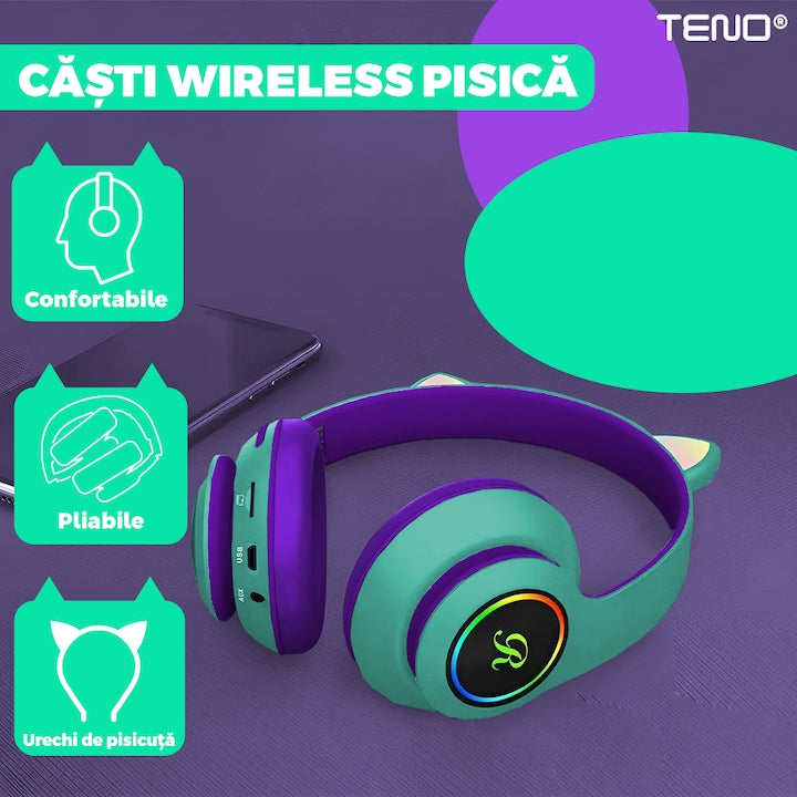 Casti Wireless Model Pisica Teno®, overear, urechi de pisica cu iluminare RGB, bluetooth 5.0, handsfree, HiFi, bass stereo, menta/mov