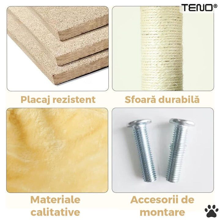 Ansamblu de Joaca pentru Pisici Teno®, 1 nivel, loc de relaxare, franghie si minge de joaca, stalpi pentru zgariat, captuseala extra moale, structura stabila, 42 cm, crem