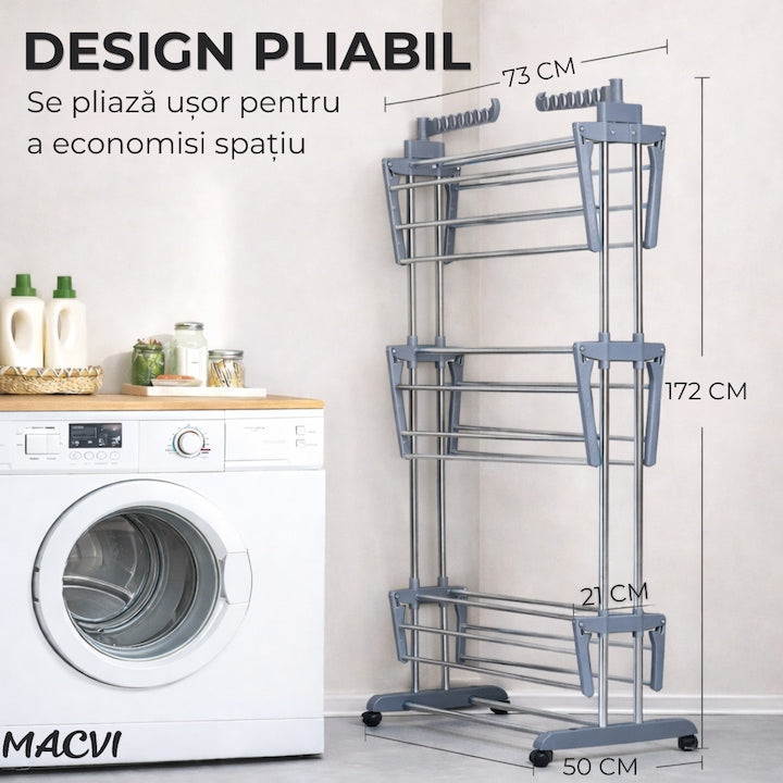 Uscator vertical pentru rufe Macvi®, cu 3 nivele de uscare, mobil si pliabil, suport umerase, gri