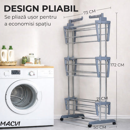 Uscator vertical pentru rufe Macvi®, cu 3 nivele de uscare, mobil si pliabil, suport umerase, gri