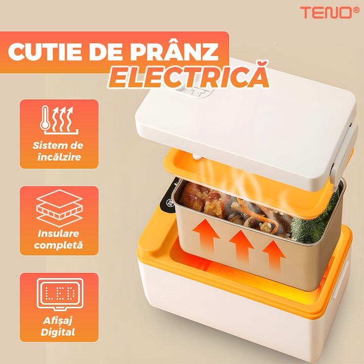 Cutie de Pranz Electrica Teno®, cu incalzitor portabil, otel inoxidabil, pentru adulti, birou, rezistenta, termoizolanta, afisaj digital, alb