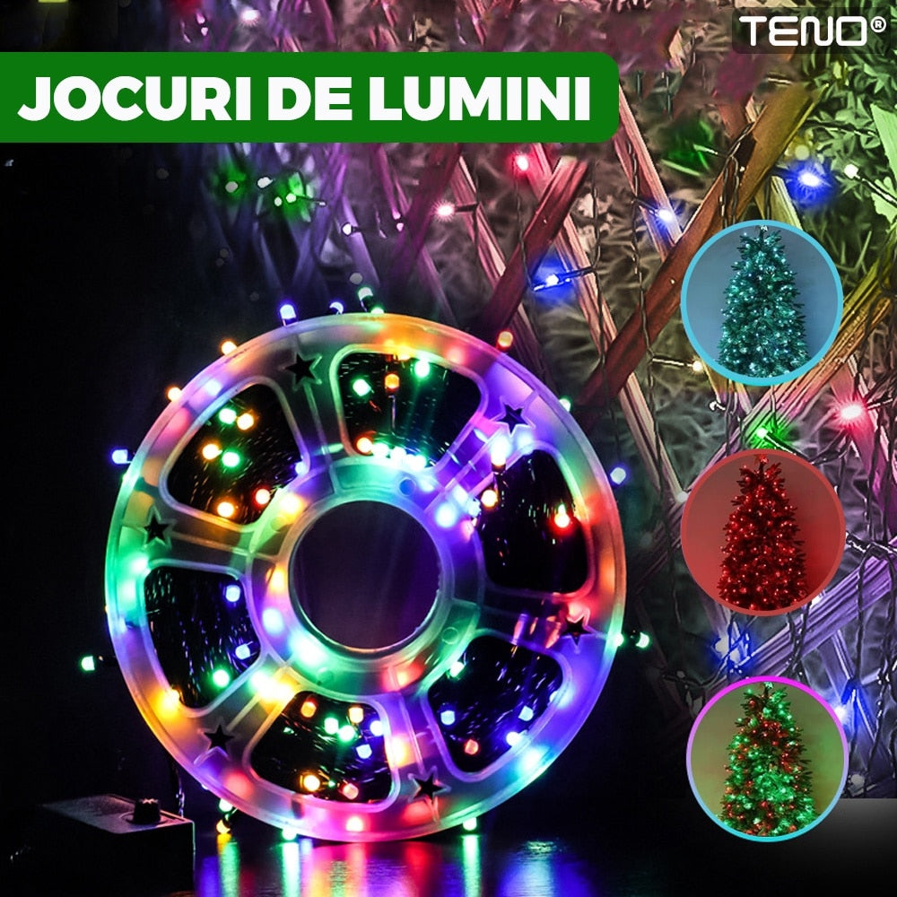 Instalatie de Craciun Liniara Teno®, 15 m, 8 jocuri de lumini, alimentare la priza, interior/exterior, rezistenta la apa, 200 LED-uri, multicolor