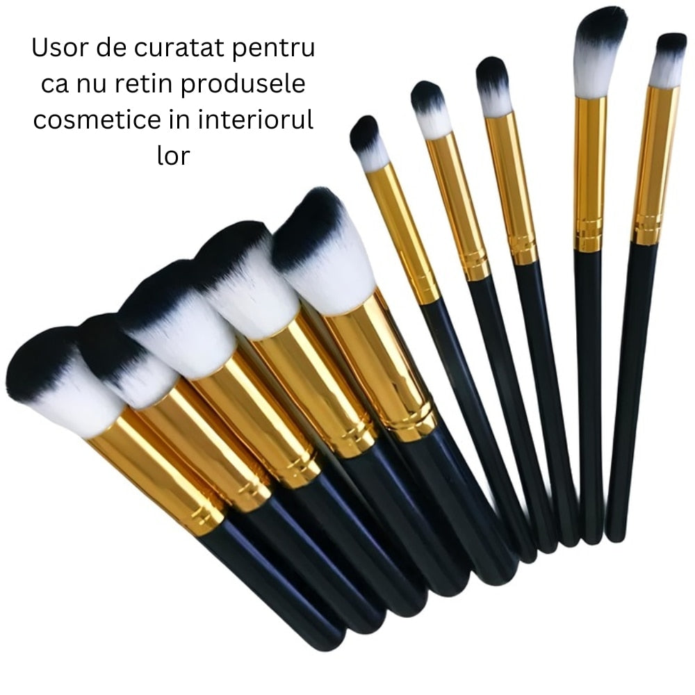 Set 10 pensule machiaj profesionale Macvi® peri sintetici moi maner ergonomic plastic make up fond ten blush fard negru auriu