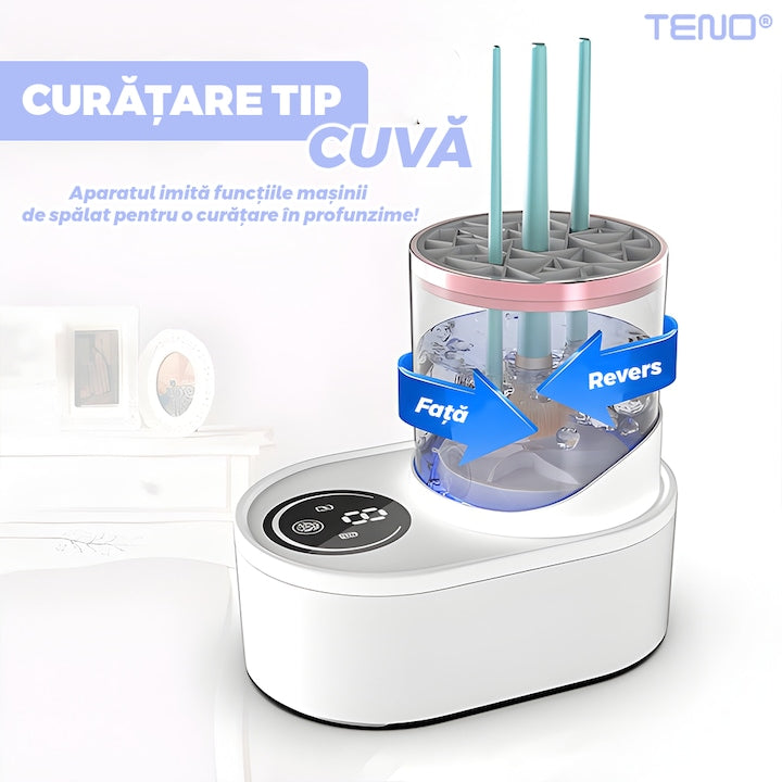 Aparat de Curatat Pensule Machiaj Teno®, curatare ultrasonica, rapid, eficient, dubla utilizare, pentru curatare/uscare, temporizator, alimentare USB, alb
