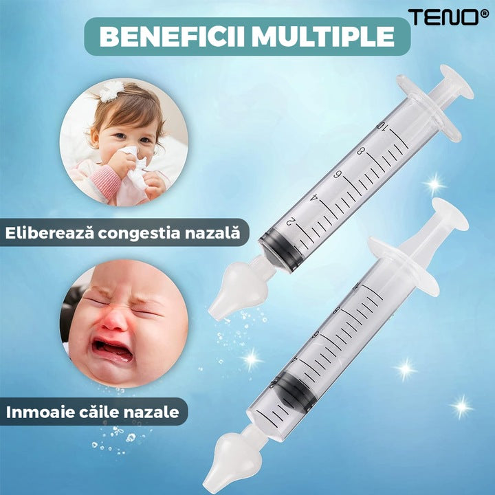 Set 2 Bucati Irigator / Dus Nazal Teno®, dispozitiv curatare sinusuri si decongestie nazala, cap din silicon, 10ml, transparent