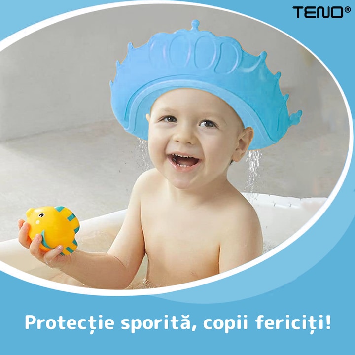Palarie de Baie pentru Copii Teno®, protectie impotriva samponului pentru ochi si urechi, reglabila, forma coroana rege/regina, albastru