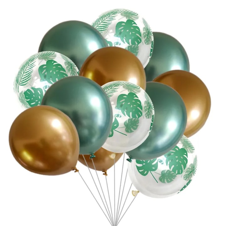 Set 15 Baloane Teno®, Model Frunze, pentru Petreceri/Aniversari/Evenimente, o singura dimensiune, 3 culori, latex, verde/auriu/transparent