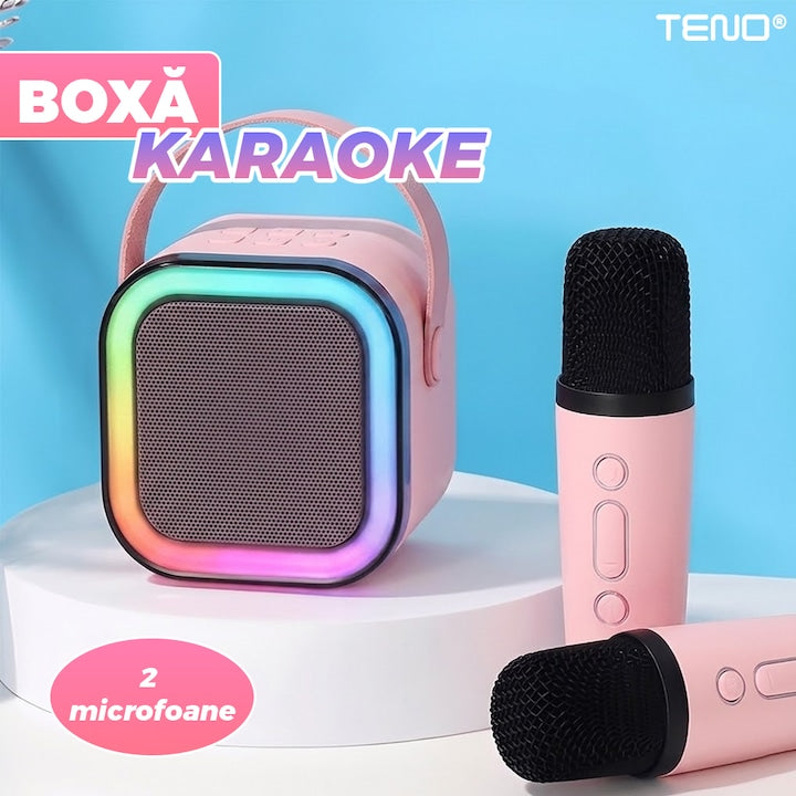 Boxa Portabila Teno®, karaoke, 2 microfoane, 4 porturi, wireless, RBG, Roz