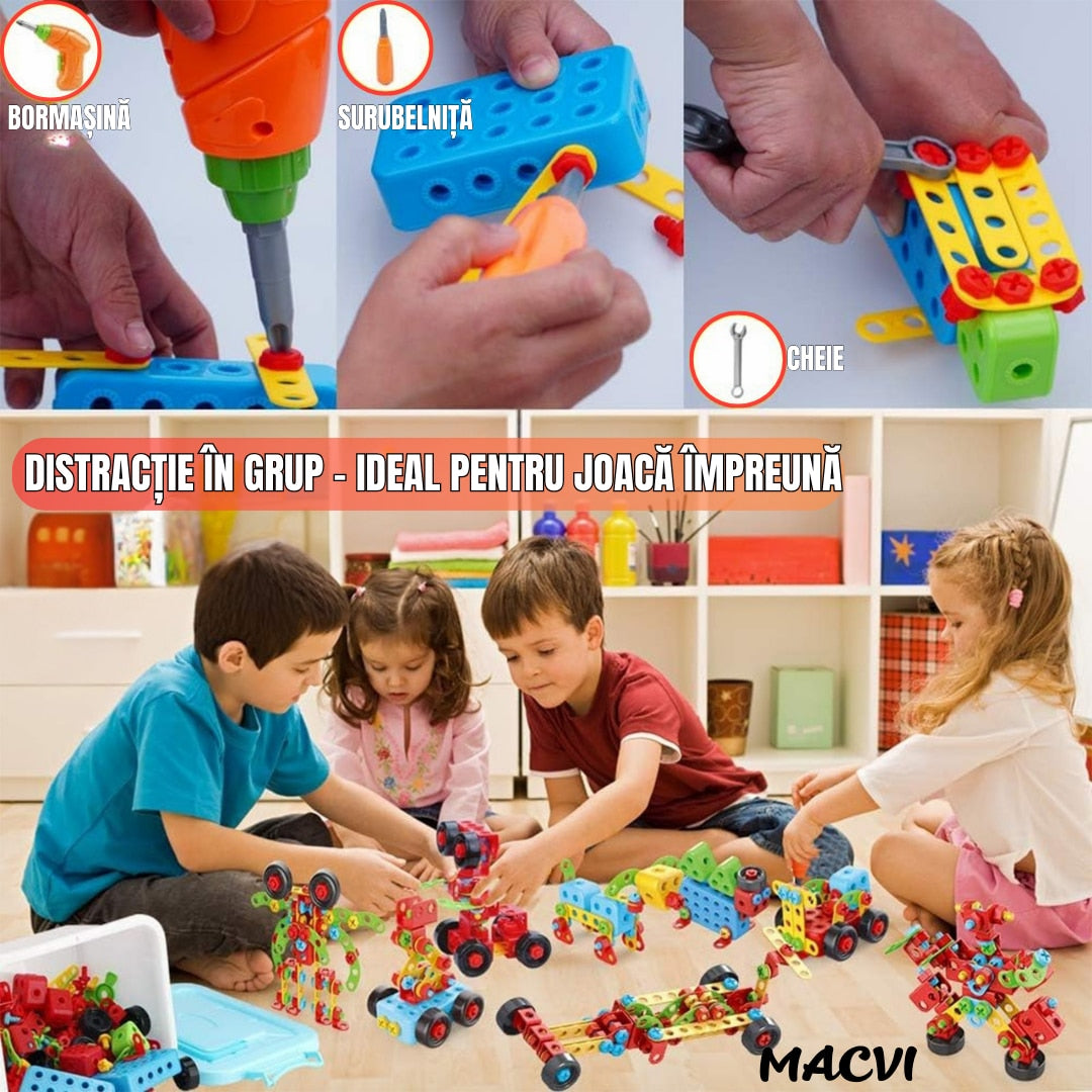 Jucarie educativa si interactiva Macvi® Set Constructie 404 Piese Puzzle 3D STEM, Cu Surubelnita Electrica, Multicolor, Pentru Copii 6+ Ani