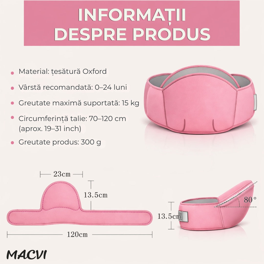 Suport port bebe Macvi® tip marsupiu, cu centura pentru talie, material bumbac premium, burete ergonomic, confortabil, 43 x 22 cm, roz