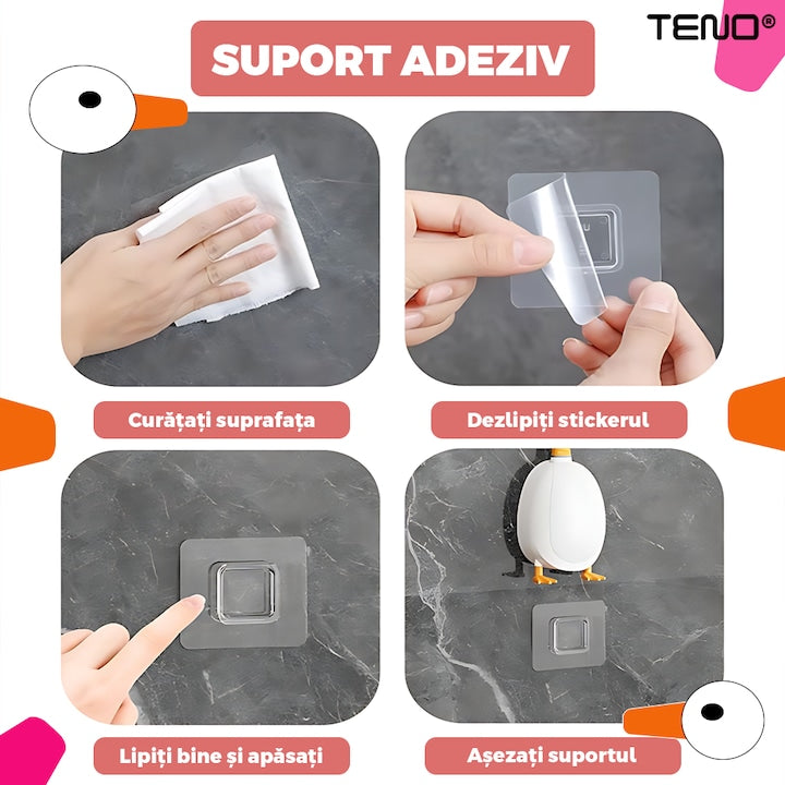 Perie pentru Toaleta Ratusca Teno®, din silicon, model adorabil, carcasa ou, suport adeziv montabil pe orice suprafata, 2 capete, capat cioc din silicon, capat cu peri pentru pete, roz