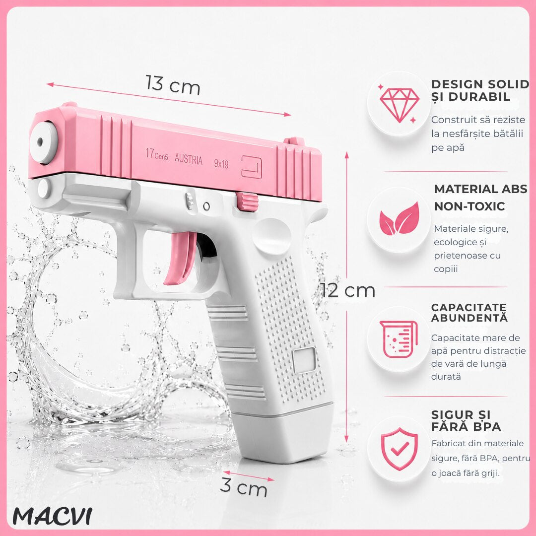 Pistol cu apa copii Macvi®, alb cu roz, actionare manuala, jucarie vara exterior, dezvoltare dexteritate, 11.5 x 10 x 2.5 cm