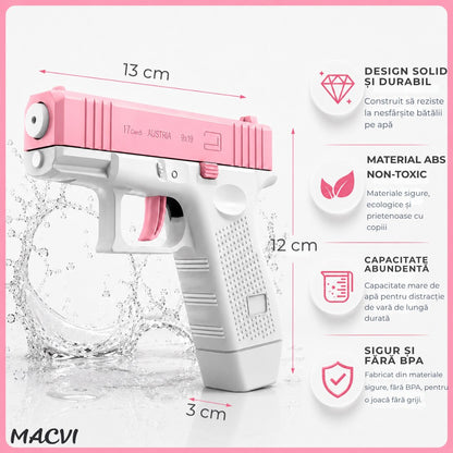 Pistol cu apa copii Macvi®, alb cu roz, actionare manuala, jucarie vara exterior, dezvoltare dexteritate, 11.5 x 10 x 2.5 cm