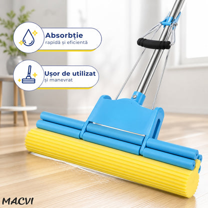 Mop Macvi® cu Storcator si Coada Metalica Telescopica 88-105 cm, PVA, 37 x 5 x 5 cm, Albastru