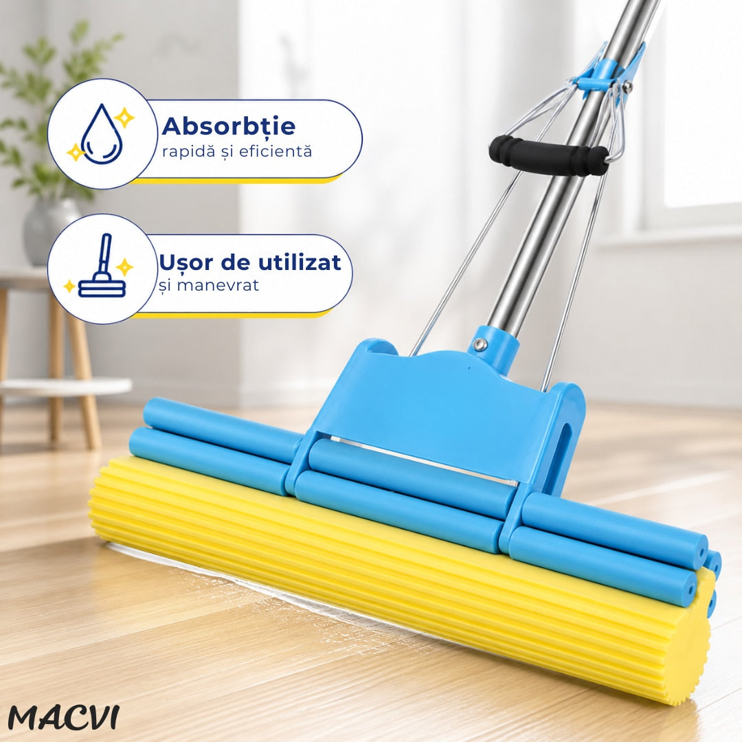 Mop Macvi® cu Storcator si Coada Metalica Telescopica 88-105 cm, PVA, 37 x 5 x 5 cm, Albastru