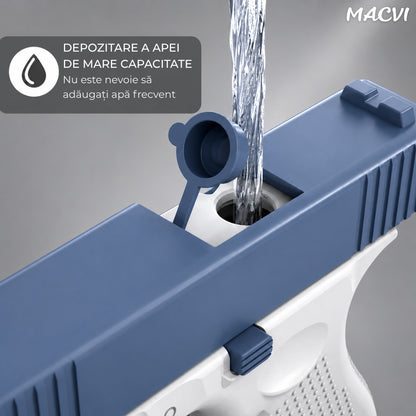 Pistol cu apa copii Macvi®, albastru cu alb, actionare manuala, jucarie vara exterior, dezvoltare dexteritate, 11.5 x 10 x 2.5 cm