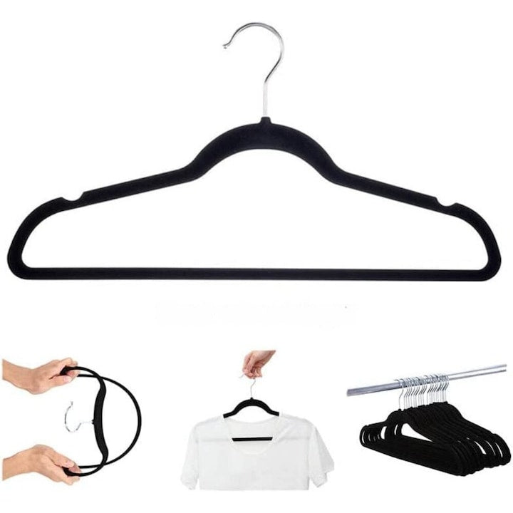 Set 16 umerase catifea Macvi®, antialunecare, 44.5 x 23 cm, carlig rotativ 360°, bara pantaloni, gri si negru