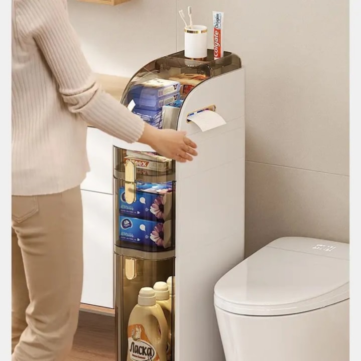 Dulap Mobil Organizator Macvi®, 5 Nivele, 98 × 18 × 41cm, Organizator Vertical Ultra-Slim cu Roti, PVC Rezistent, Alb