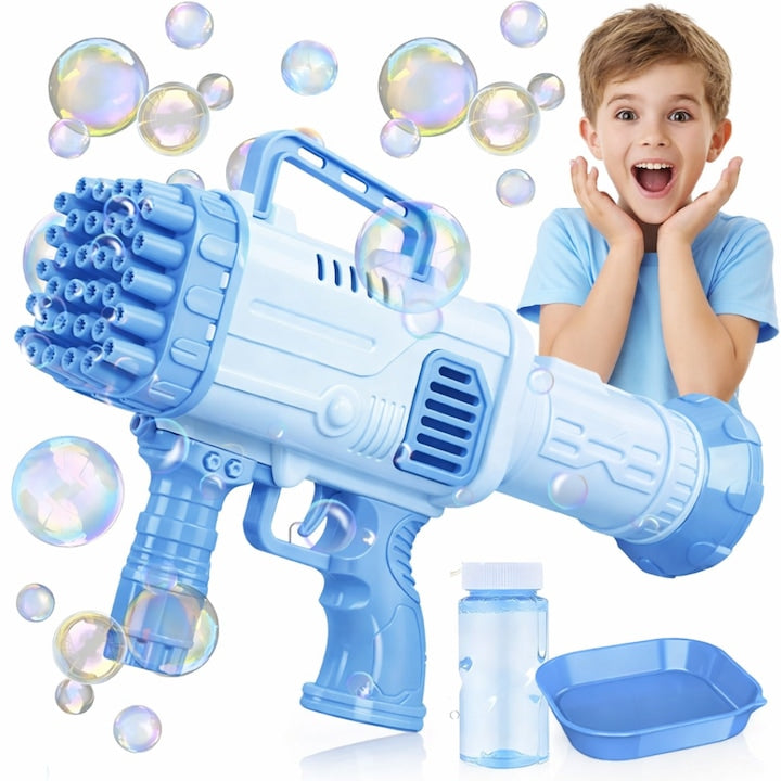 Pistol Baloane Sapun 32 Duze Macvi® tip Bubble Gun cu baterii(neincluse), Ventilator, Albastru
