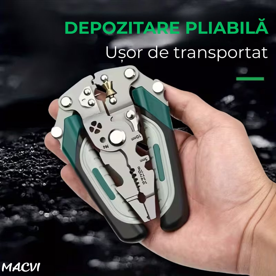 Patent multifunctional Macvi® 12-in-1 cu sertizor pentru cabluri cleste pliabil din otel pentru dezizolare, taiere si sertizare fire, design ergonomic pentru lucrari electrice