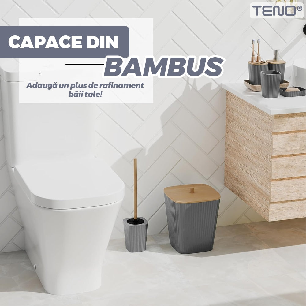 Set 6 Accesorii de Baie Teno, minimalist, detalii din bambus, gri
