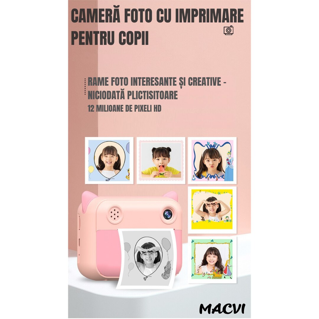 Aparat Foto pentru Copii Macvi® cu Imprimare Instant, Ecran 2.4 inch, 20 Mpx, Full HD 1080P, Selfie, Jocuri, Reincarcabil, 1 rola hartie inclusa, Roz